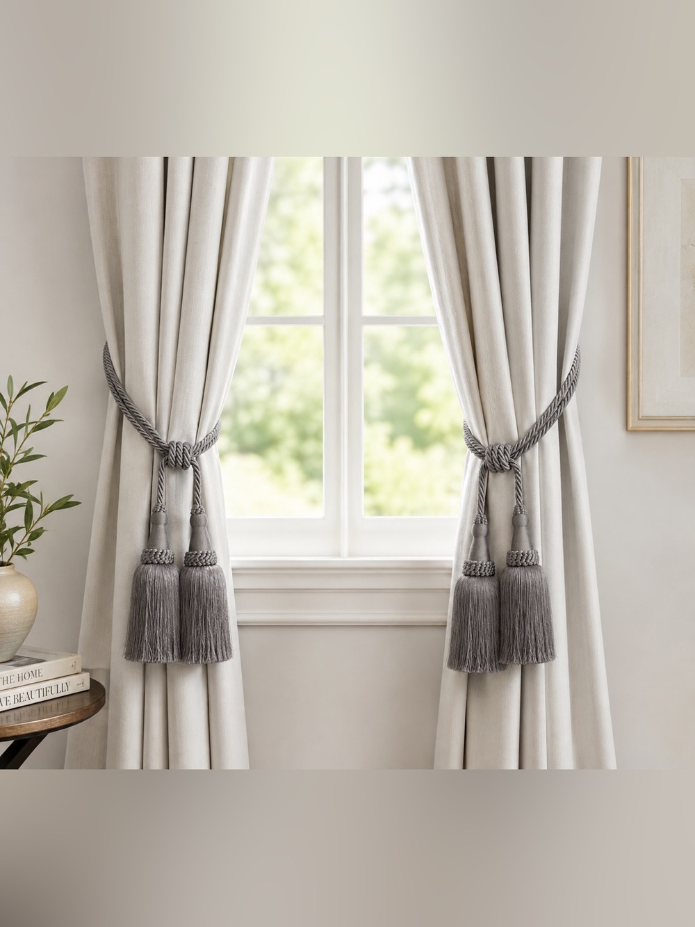 Pair Silver Gray Double Tassel Curtain Tiebacks Braided Rope Drapery Holdbacks